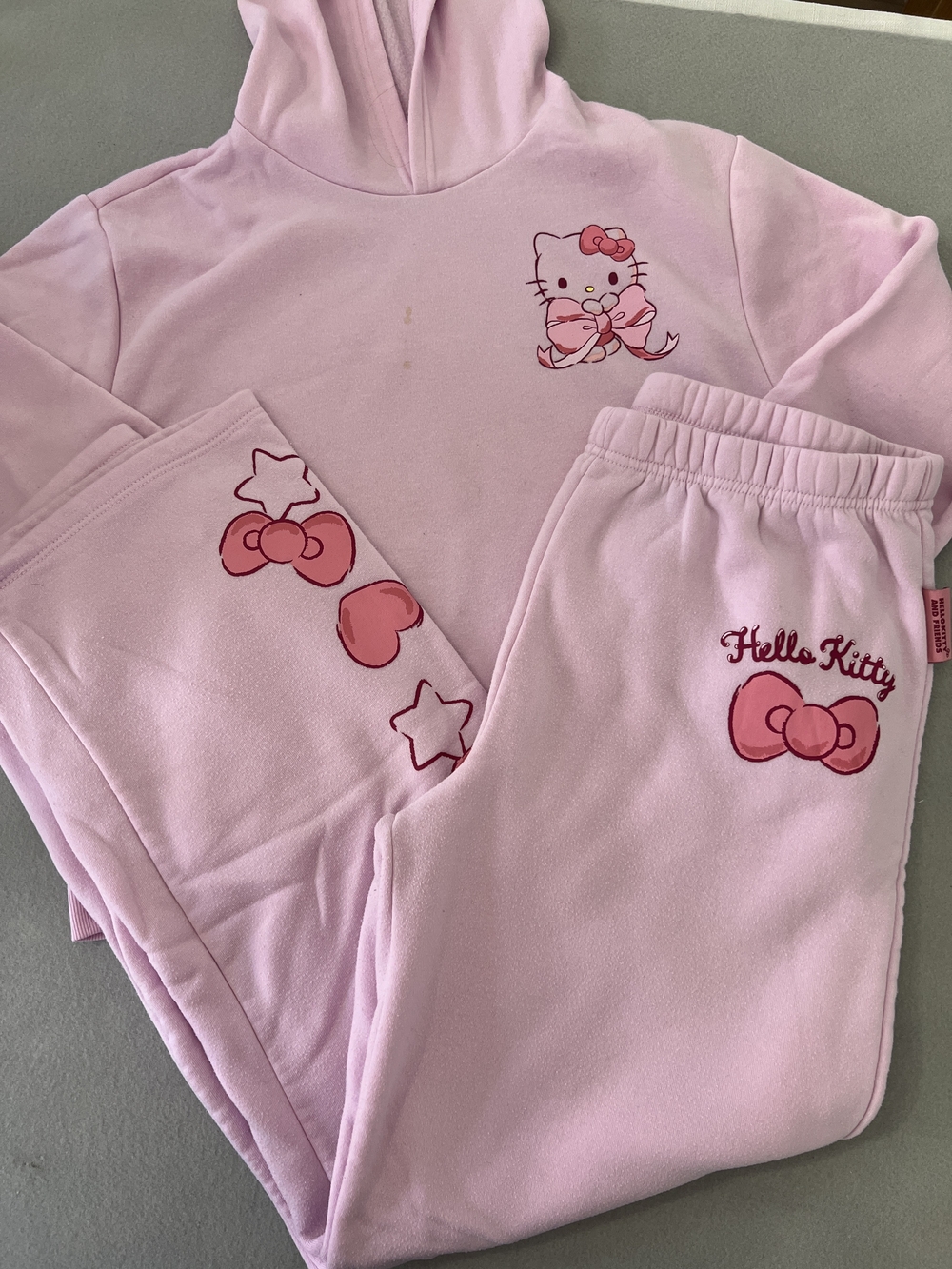 Girls Hello Kitty Pink Hooded Pajama Set with Bow & Star Graphics